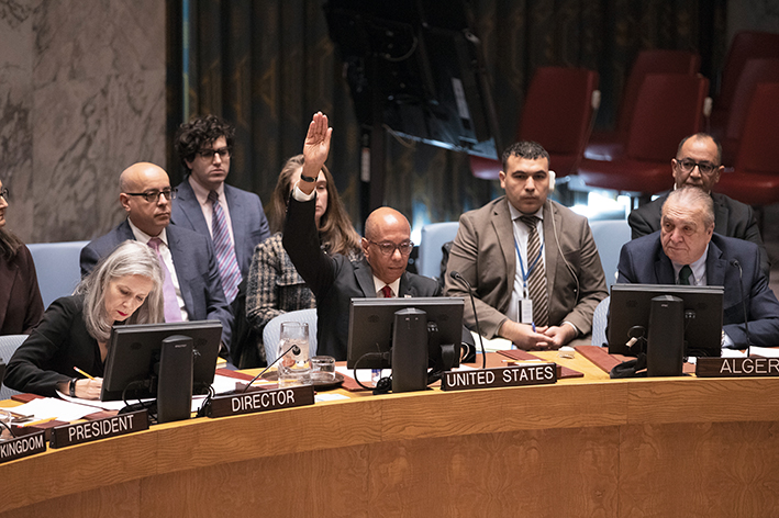 2024年 11月 20日，美国在联合国安理会再次否决有关要求在巴勒斯坦加沙地带停火的决议草案，导致决议草案未获通过。图为当天，在位于纽约的联合国总部，美国常驻联合国副代表罗伯特·伍德（前中）在安理会就决议草案进行表决时投反对票