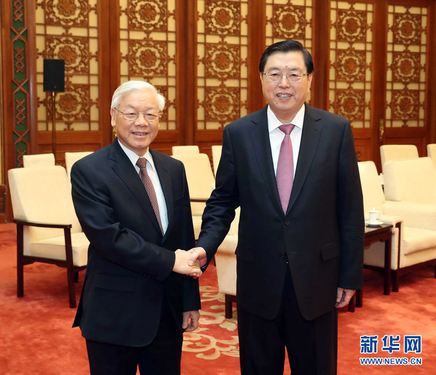 1月13日，中共中央政治局常委、全國人大常委會委員長張德江在北京人民大會堂會見越共中央總書記阮富仲。 新華社記者 劉衛兵 攝