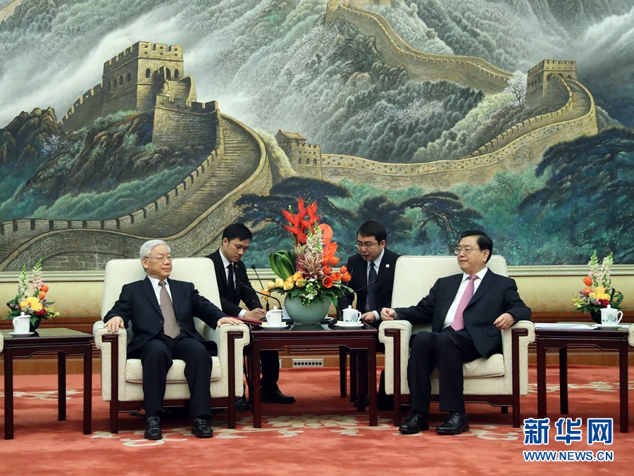 1月13日，中共中央政治局常委、全國人大常委會委員長張德江在北京人民大會堂會見越共中央總書記阮富仲。 新華社記者 劉衛兵 攝