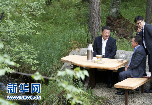8月22日，國家主席習近平同蒙古國總統額勒貝格道爾吉在烏蘭巴托市郊的總統官邸再次會晤。這是習近平同額勒貝格道爾吉會晤后在溪畔飲茶。新華社記者 黃敬文 攝