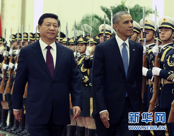 11月12日，國家主席習近平在北京人民大會堂舉行歡迎儀式，歡迎美國總統奧巴馬對中國進行國事訪問。 新華社記者 龐興雷 攝