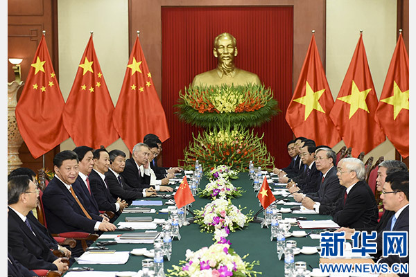 11月5日，中共中央總書記、國家主席習近平在河內同越共中央總書記阮富仲舉行會談。 新華社記者李學仁攝